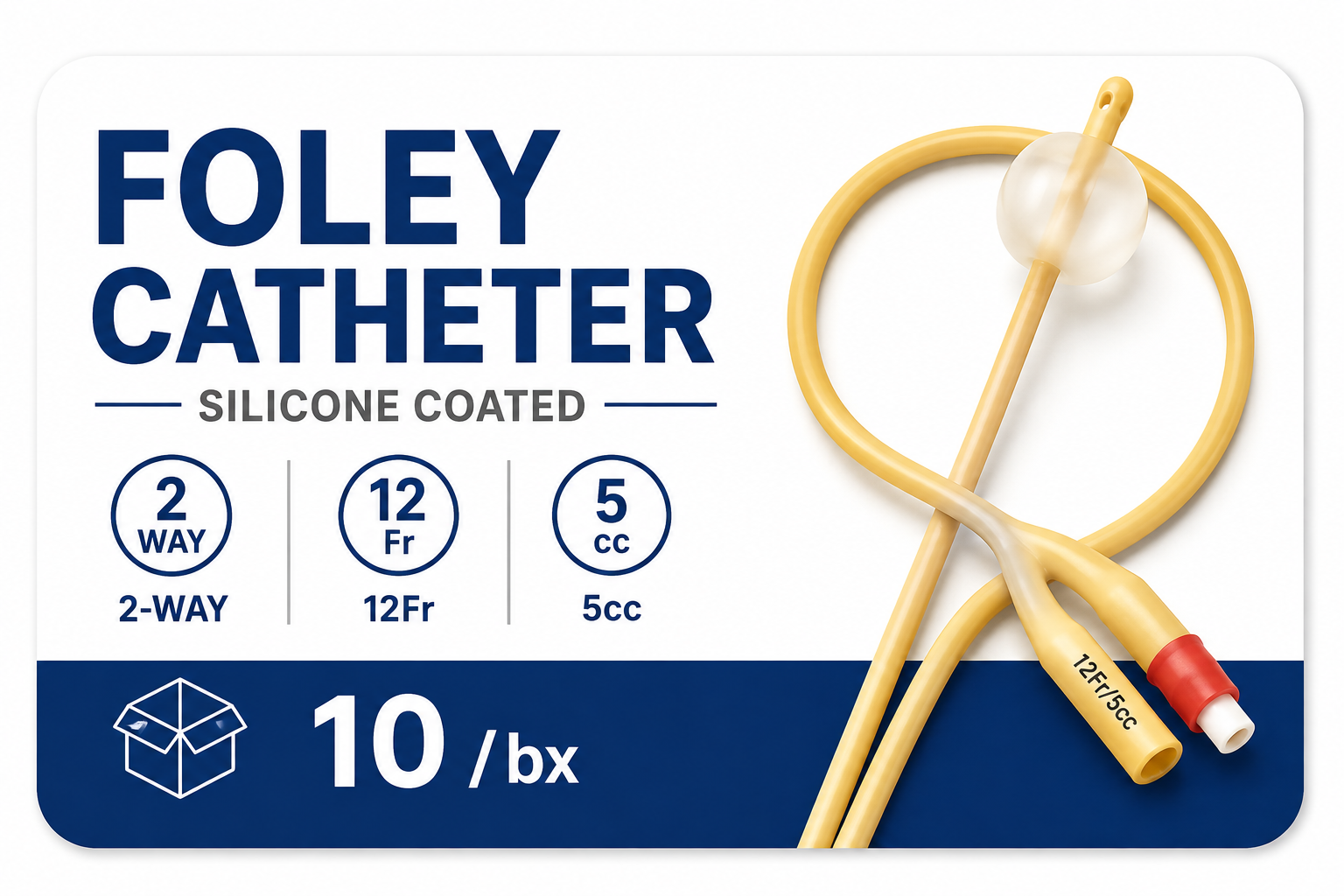 Foley Catheter, Silicone Coated, 2-Way 12Fr 5cc, 10/bx