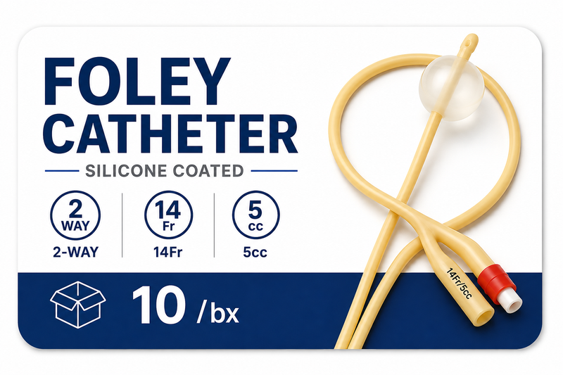 Foley Catheter, Silicone Coated, 2-Way 14Fr 5cc, 10/bx
